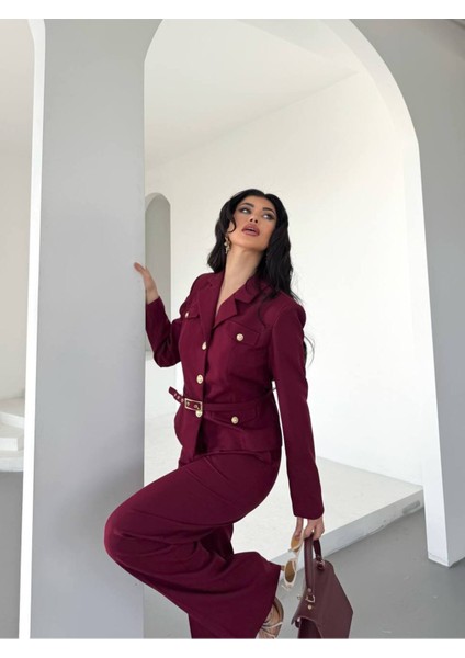 Kadın Kemerli Gold Düğmeli Ceket Palazzo Pantolon Takım Elbise fırsatları