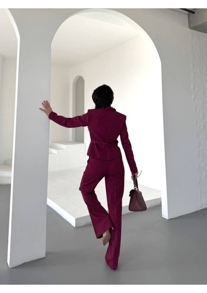 Kadın Kemerli Gold Düğmeli Ceket Palazzo Pantolon Takım Elbise indirimleri