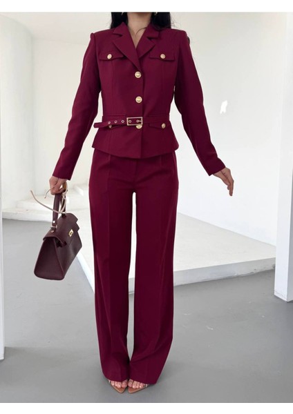 Kadın Kemerli Gold Düğmeli Ceket Palazzo Pantolon Takım Elbise