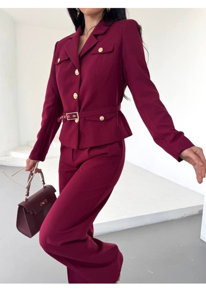 Kadın Kemerli Gold Düğmeli Ceket Palazzo Pantolon Takım Elbise