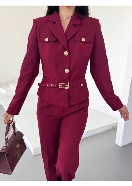 Kadın Kemerli Gold Düğmeli Ceket Palazzo Pantolon Takım Elbise