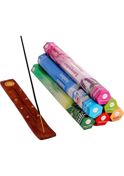 Çubuk Tütsü Seti, 6'lı Karma Set 6X20 (120 Çubuk), Ahşap Tütsü Kayığı, Tütsülük, Vanilya, Amber, Lavanta, Kırmızı Gül, Yasemin, Sandal modelleri