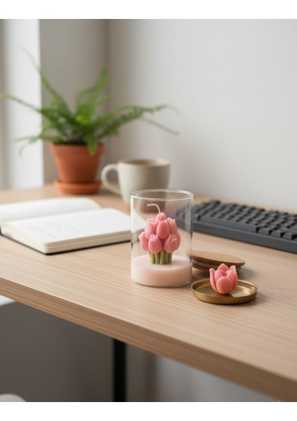 Pembe Lale Buketi Cam Bardakda Mum fiyatları