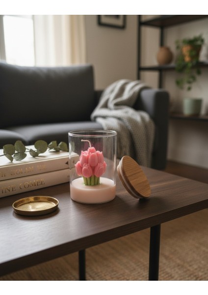 Pembe Lale Buketi Cam Bardakda Mum modelleri