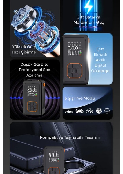 4000 Mah Şarjlı Taşınabilir Araba Lastik Hava Top Şişirme Pompası LED Işıklı Dijital Hava Kompresörü