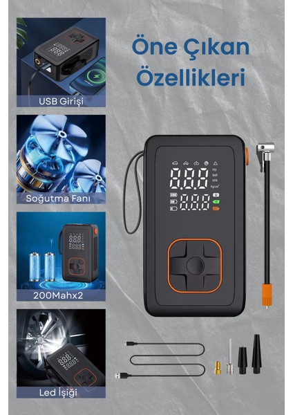 4000 Mah Şarjlı Taşınabilir Araba Lastik Hava Top Şişirme Pompası LED Işıklı Dijital Hava Kompresörü