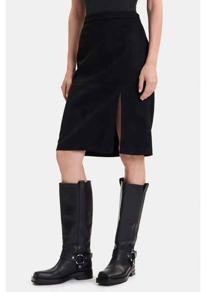 Onloline Regular Fit Suni Deri Yırtmaçlı Etek Bayan Etek 15357433