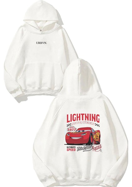 Şimşek Mcqueen 1 Tasarım Baskılı Oversize Beyaz Kapüşonlu Sweatshirt