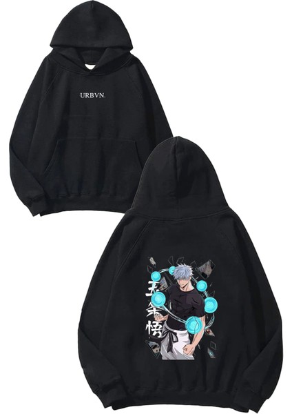 Anime Erkek Tasarım Baskılı Oversize Siyah Kapüşonlu Sweatshirt
