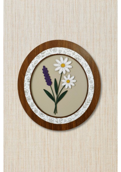 El Yapımı Ahşap Duvar Dekoru – Papatya ve Lavanta Tasarımlı Yuvarlak Çiçek Tablo (37 x 34 Cm)