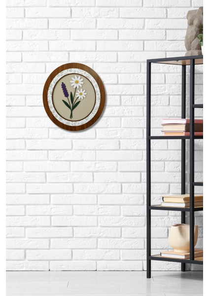 El Yapımı Ahşap Duvar Dekoru – Papatya ve Lavanta Tasarımlı Yuvarlak Çiçek Tablo (37 x 34 Cm)