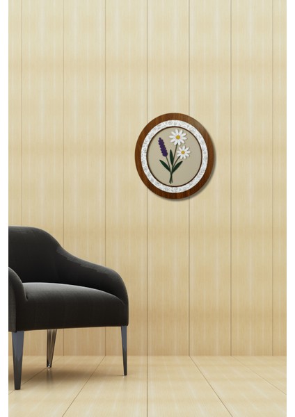 El Yapımı Ahşap Duvar Dekoru – Papatya ve Lavanta Tasarımlı Yuvarlak Çiçek Tablo (37 x 34 Cm)