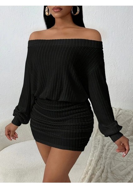 Mdb Kadın Uzun Kollu Madonna Yaka Yanlardan Büzgülü Şardonlu Kaşkorse Mini Elbise indirimleri