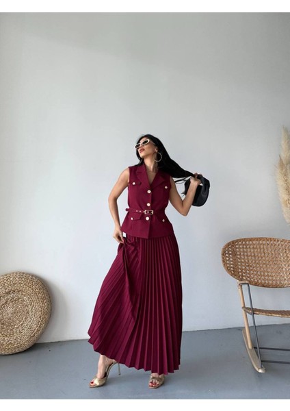 Kadın Kemerli Düğmeli Yelek Pileli Etek Takım Elbise fırsatları