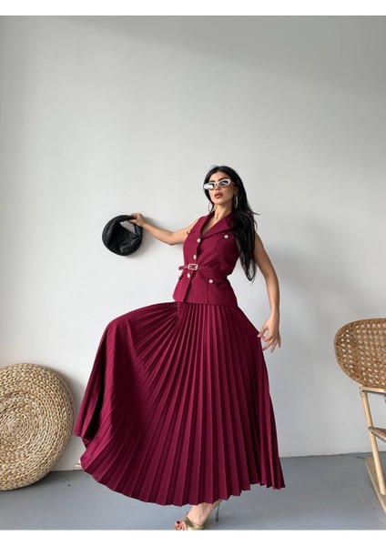 Kadın Kemerli Düğmeli Yelek Pileli Etek Takım Elbise indirimleri