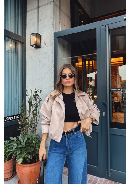 Taş Rengi Apolet Detaylı Astarlı Süet Ceket