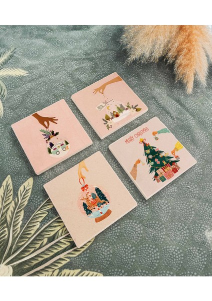 Pembe Kar Küresi Desenli Doğal Taş Bardak Altlığı, Yılbaşı Temalı, Yılbaşı Hediyesi, 4’lü