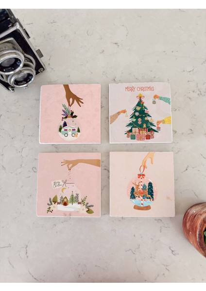 Pembe Kar Küresi Desenli Doğal Taş Bardak Altlığı, Yılbaşı Temalı, Yılbaşı Hediyesi, 4’lü fiyatları