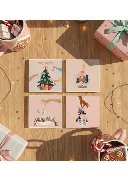 Pembe Kar Küresi Desenli Doğal Taş Bardak Altlığı, Yılbaşı Temalı, Yılbaşı Hediyesi, 4’lü modelleri