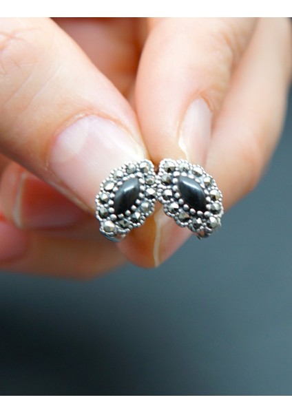 925 Ayar Gümüş Oltu Taşı Kadın Küpe SKÜ00036