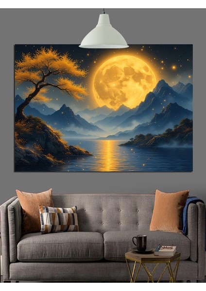 Dolunayda Dağlık Alan Dekoratif Kanvas - Mdf Ahşap Tablo
