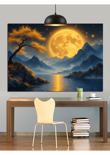 Dolunayda Dağlık Alan Dekoratif Kanvas - Mdf Ahşap Tablo fiyatları