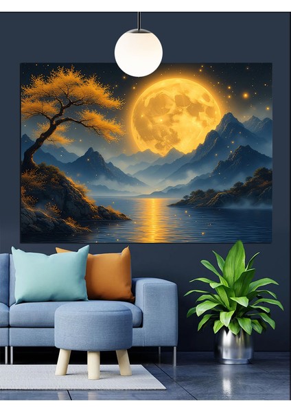 Dolunayda Dağlık Alan Dekoratif Kanvas - Mdf Ahşap Tablo modelleri