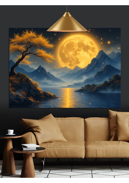 Dolunayda Dağlık Alan Dekoratif Kanvas - Mdf Ahşap Tablo fırsatları