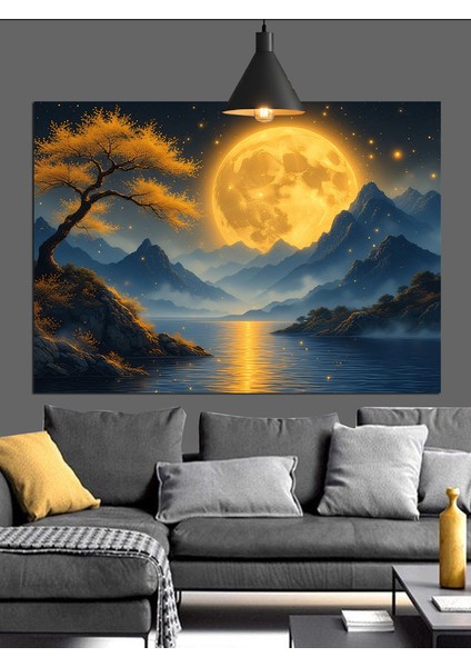 Dolunayda Dağlık Alan Dekoratif Kanvas - Mdf Ahşap Tablo indirimleri