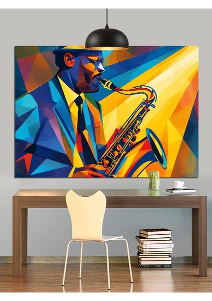 Saksafon Çalan Geometrik Adam Figürü Dekoratif Kanvas - Mdf Ahşap Tablo