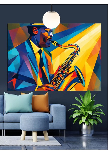 Saksafon Çalan Geometrik Adam Figürü Dekoratif Kanvas - Mdf Ahşap Tablo fiyatları