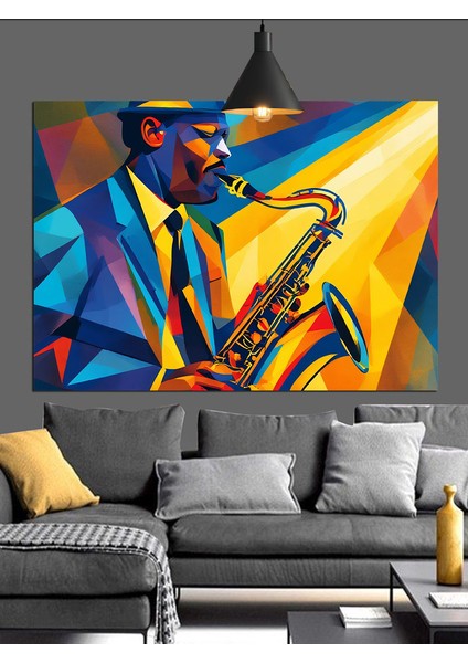Saksafon Çalan Geometrik Adam Figürü Dekoratif Kanvas - Mdf Ahşap Tablo fırsatları