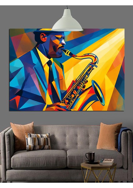 Saksafon Çalan Geometrik Adam Figürü Dekoratif Kanvas - Mdf Ahşap Tablo indirimleri