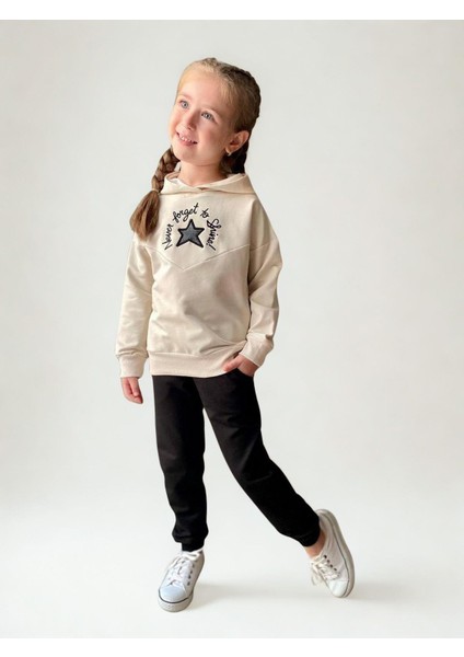 Nakışlı Yıldız Kız Çocuk Takım Ekru