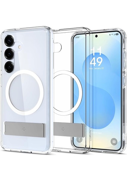 Galaxy S25 ile Uyumlu Ince Kılıf Ultra Hybrid S Metal Stand'lı Sararma Karşıtı Duraclear Hava Kanalı Teknolojisi Askeri Sınıf Koruma Magfit Özellikli Clear White Şeffaf Kapak - ACS09026