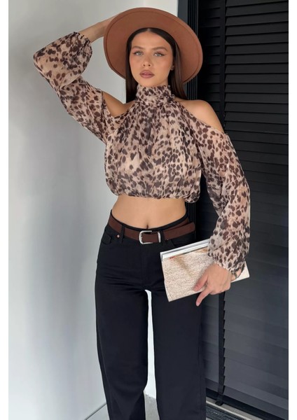 Iç Astarlı Omuz Dekolteli Kadın Crop Top Şifon Bluz P-00018952