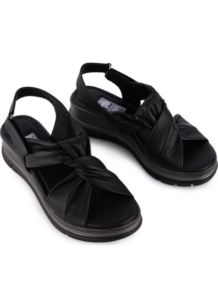 Hakiki Deri Günlük Rahat Düğüm Tasarım Sandalet Siyah D-1111
