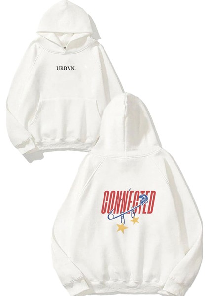 Connected Tasarım Baskılı Oversize Beyaz Kapüşonlu Sweatshirt