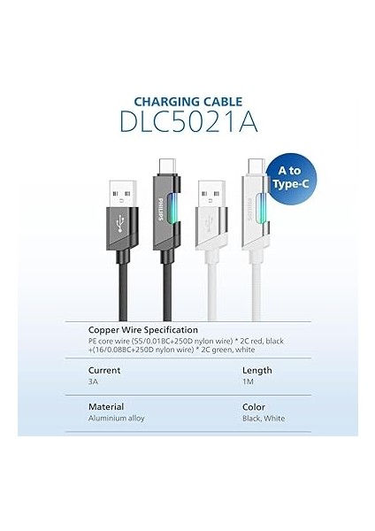 DLC5021A Usb-A - Type-C Şarj Kablosu, Hızlı Şarj, 3A Yüksek Akım, 1 Metre, Dayanıklı Örgü Kablo, Çok Renkli Işık (Siyah) fiyatları