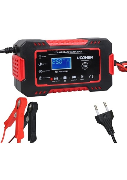 Volt 6 Amper LED Göstergeli Akü Şarj Cihazı, Jel Asitli Sulu Kuru Kurşun Akülere Uygun, Takviye Yapamamaktadır, Kırmızı, Ucomen,