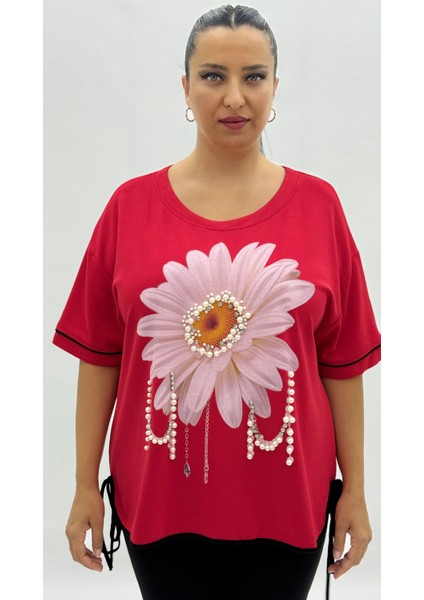Büyük Beden Çiçek Baskılı Inci Detaylı Oversize Kısa Kol Kadın Tişört