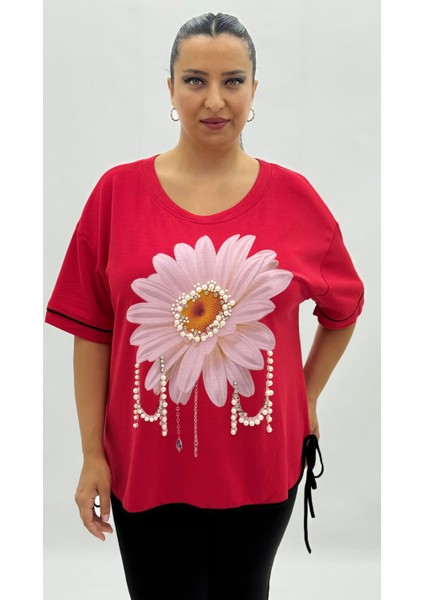 Büyük Beden Çiçek Baskılı Inci Detaylı Oversize Kısa Kol Kadın Tişört fiyatları