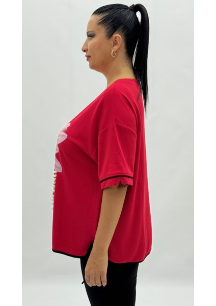 Büyük Beden Çiçek Baskılı Inci Detaylı Oversize Kısa Kol Kadın Tişört modelleri