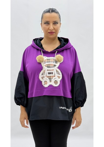 Büyük Beden Viskon Ayıcık Grafikli Ponpon Detaylı Kapri Kol Oversize Kadın Sweat