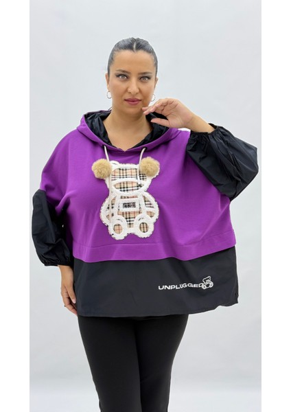 Büyük Beden Viskon Ayıcık Grafikli Ponpon Detaylı Kapri Kol Oversize Kadın Sweat fiyatları