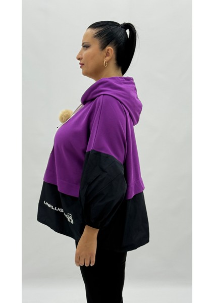 Büyük Beden Viskon Ayıcık Grafikli Ponpon Detaylı Kapri Kol Oversize Kadın Sweat modelleri