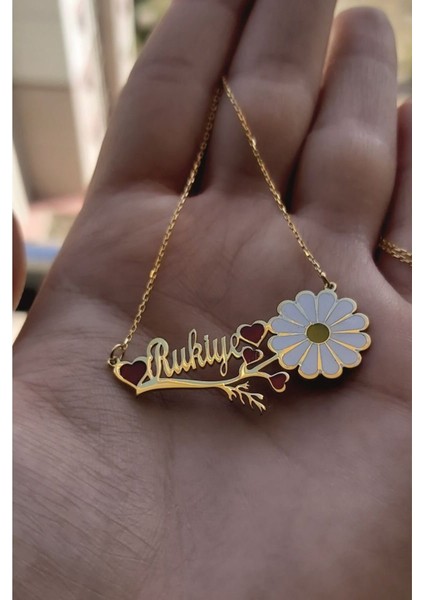 925 Ayar Gümüş 24 Ayar Altın Kaplama Isimli Papatya Kolye