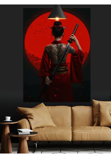Kırmızı Işıkla Aydınlanmış Japon Kadın Dekoratif Kanvas - Mdf Ahşap Tablo