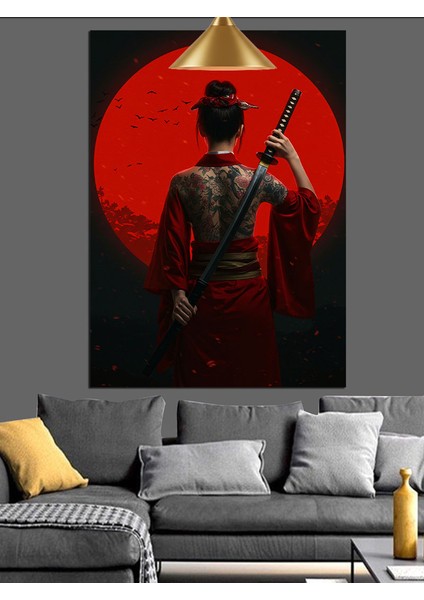 Kırmızı Işıkla Aydınlanmış Japon Kadın Dekoratif Kanvas - Mdf Ahşap Tablo fiyatları