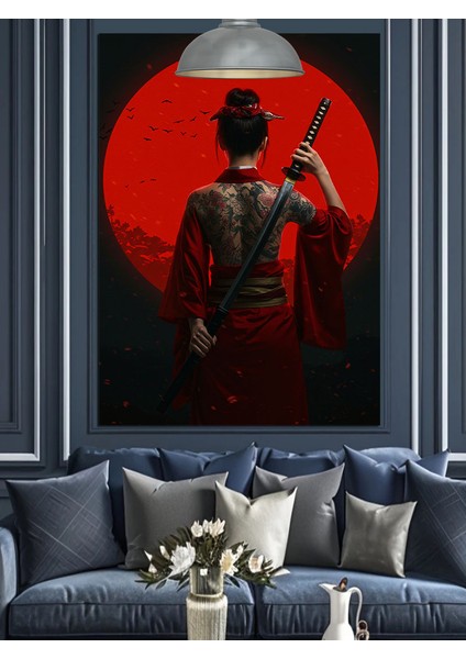 Kırmızı Işıkla Aydınlanmış Japon Kadın Dekoratif Kanvas - Mdf Ahşap Tablo modelleri